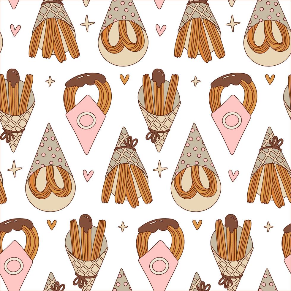 colorato churros senza soluzione di continuità modello. vario tipi di gustoso churros. tradizionale spagnolo cibo. fritte Impasto. tejeringos. mano disegnato contorno vettore illustrazione. cartone animato Vintage ▾ design. dolce e salato