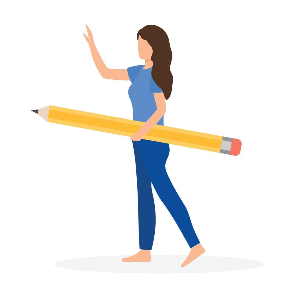 concetto di studiando. giovane donna con grande matita. vettore illustrazione.