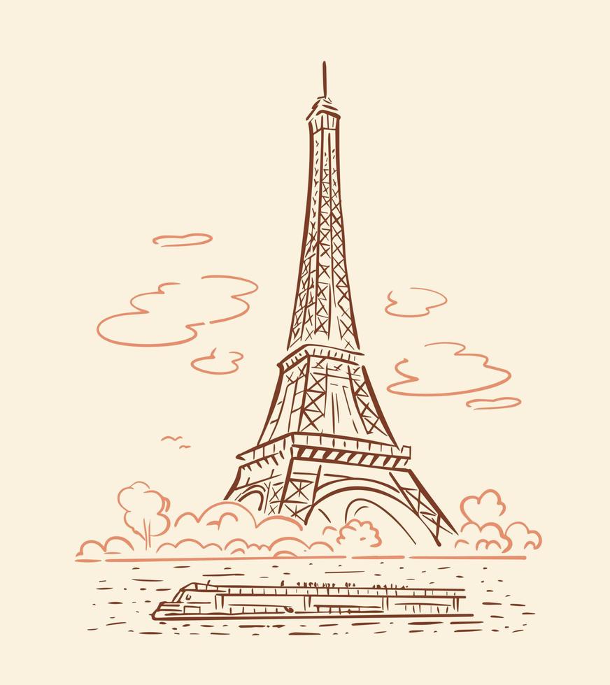 eiffel Torre nel Parigi schizzo. Senna argine e fiume tram. vettore linea illustrazione