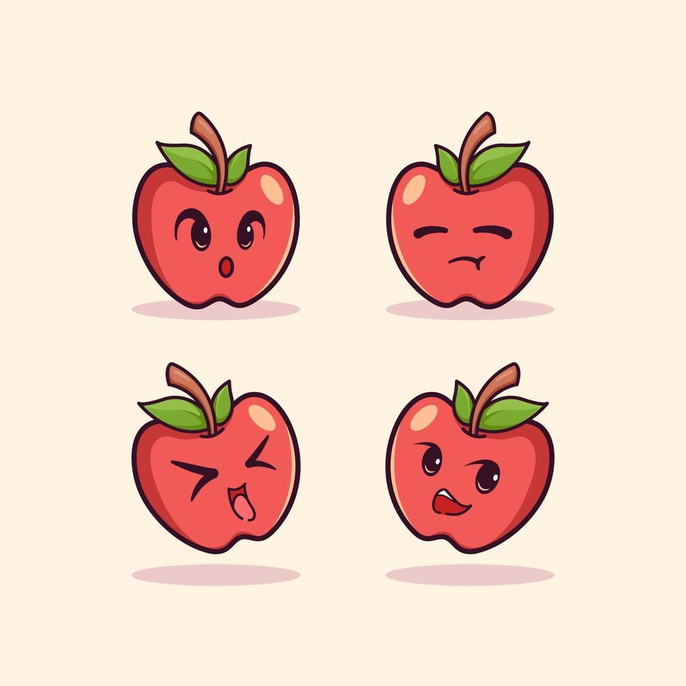 carino adorabile cartone animato fresco rosso Mela frutta illustrazione per etichetta icona portafortuna e logo emoticon vettore