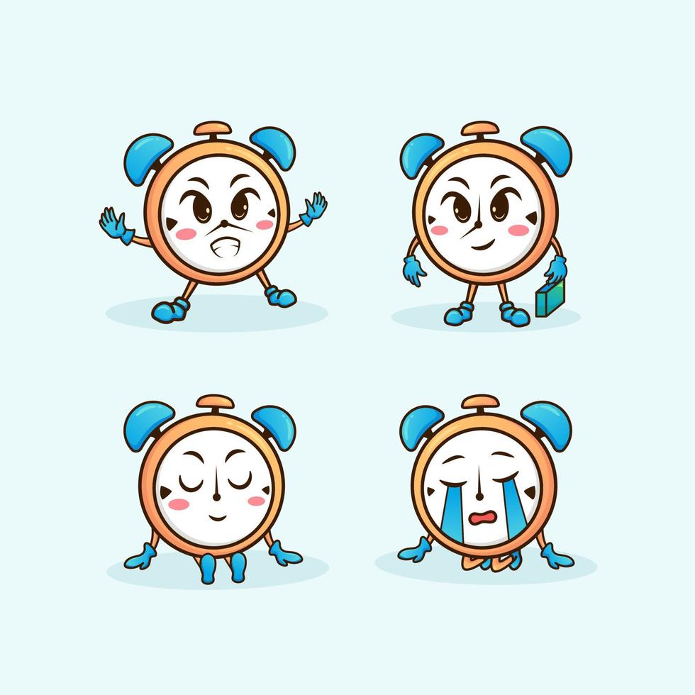 carino adorabile cartone animato contento triste allarme orologio illustrazione per etichetta icona portafortuna e logo emoticon vettore