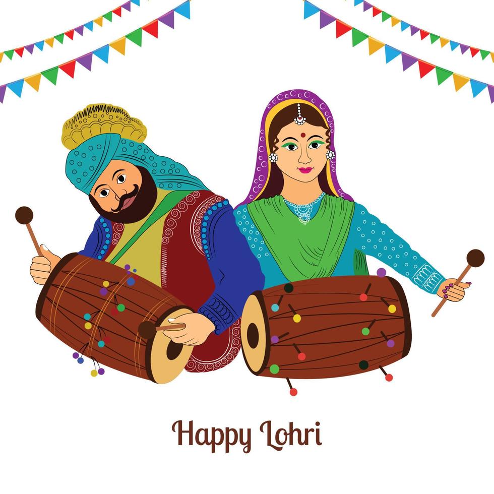 contento lohri con giovane coppia fare bhangra danza e dhol strumento su sfondo vettore