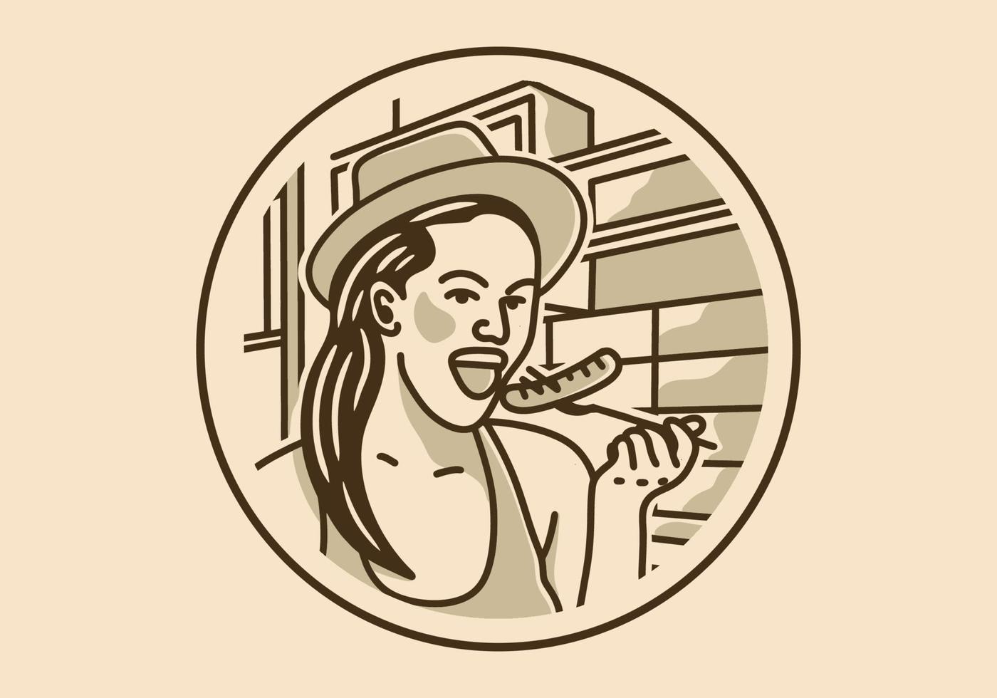 Vintage ▾ arte illustrazione di donna mangiare salsiccia vettore