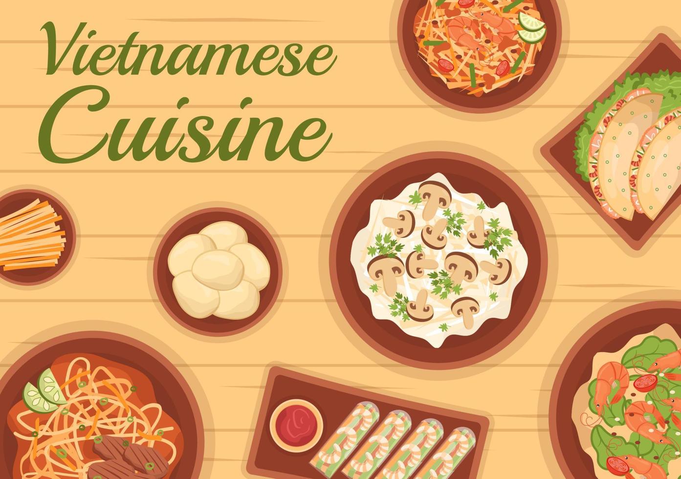 vietnamita cibo ristorante menù con collezione di vario delizioso cucina piatti nel piatto stile cartone animato mano disegnato modelli illustrazione vettore