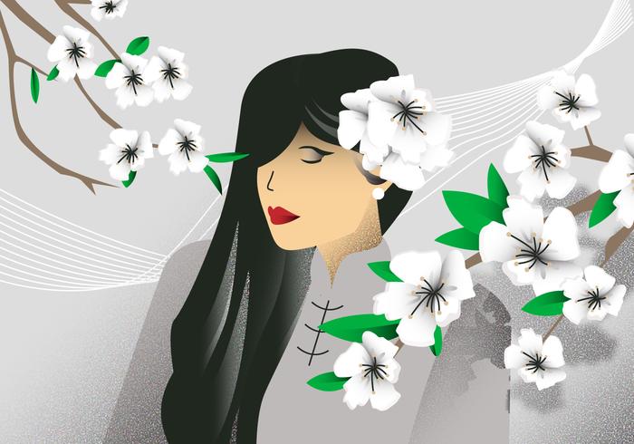 Illustrazione bianca di vettore del fondo della ragazza di fiore del corniolo