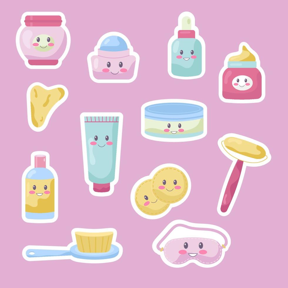 collezione di adesivi kawaii cosmetici per viso. vettore