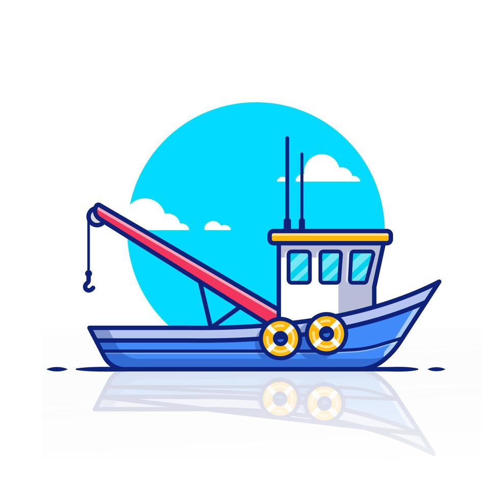 trawler barca nave cartone animato vettore icona illustrazione. acqua mezzi di trasporto icona concetto isolato premio vettore. piatto cartone animato stile