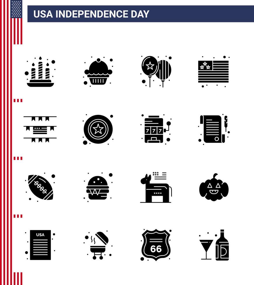 Stati Uniti d'America contento indipendenza pictogram impostato di 16 semplice solido glifi di polizia americano giorno festa decorazione Stati Uniti d'America modificabile Stati Uniti d'America giorno vettore design elementi