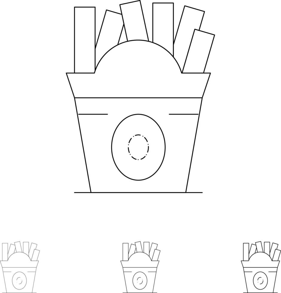 patatine fritte veloce cibo cibo Stati Uniti d'America grassetto e magro nero linea icona impostato vettore