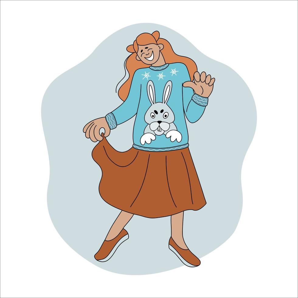 giovane ragazza nel un brutto Natale maglione con un' coniglio. vettore cartone animato illustrazione .