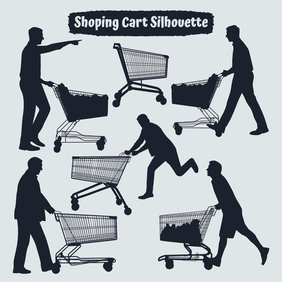 uomo spingendo shopping carrello silhouette vettore