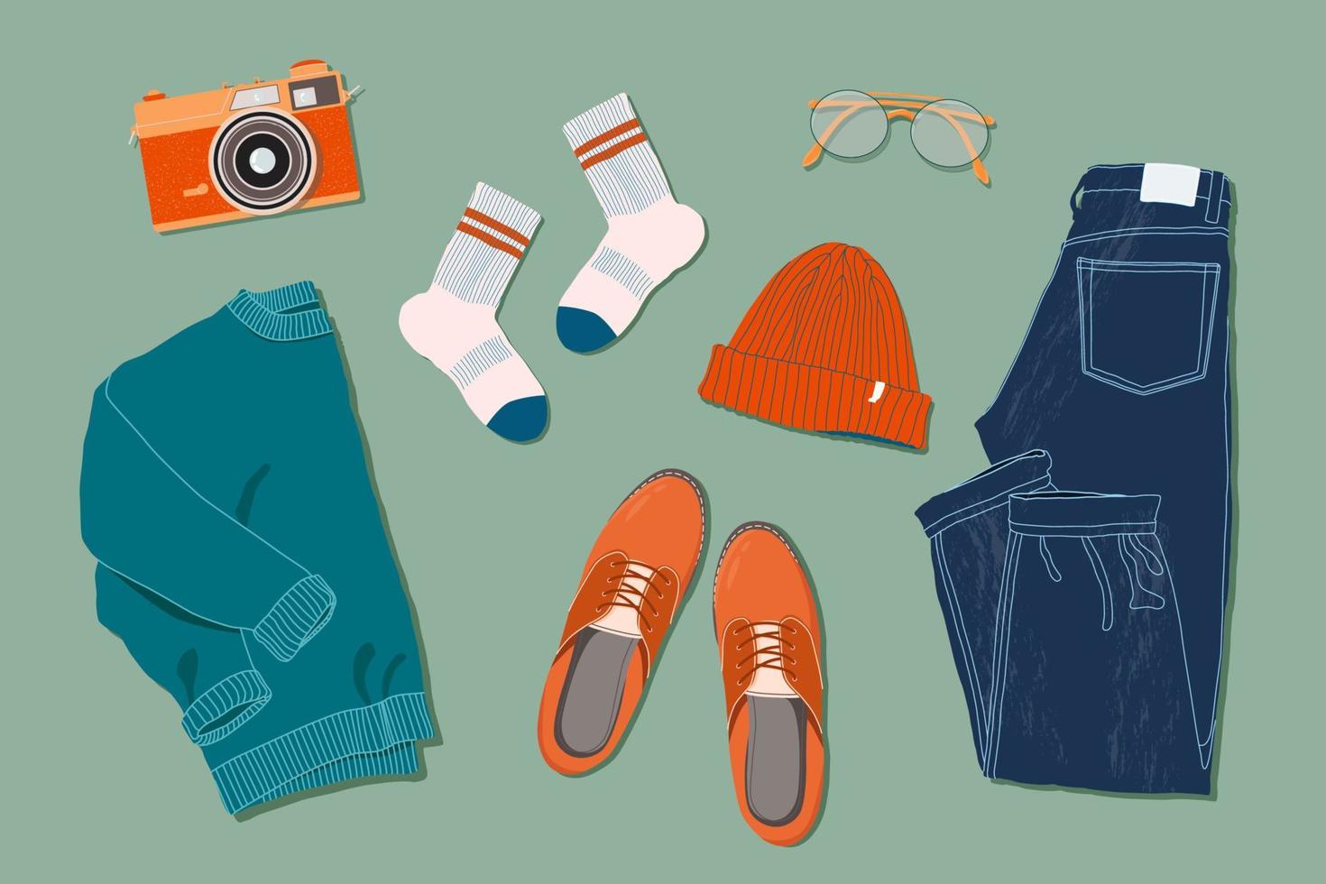 maglione, jeans, occhiali, calzini, cappello, Oxford scarpe e film telecamera piatto posare stile. di moda superiore giù Visualizza illustrazione. autunno atmosfera. moderno minimalista gruppo di Abiti design per ragnatela carta, bandiera vettore