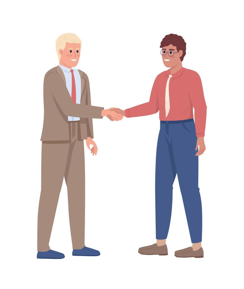 manager e dipendente tremante mani semi piatto colore vettore personaggi. modificabile figure. pieno corpo persone su bianca. collaboratori semplice cartone animato stile illustrazione per ragnatela grafico design e animazione