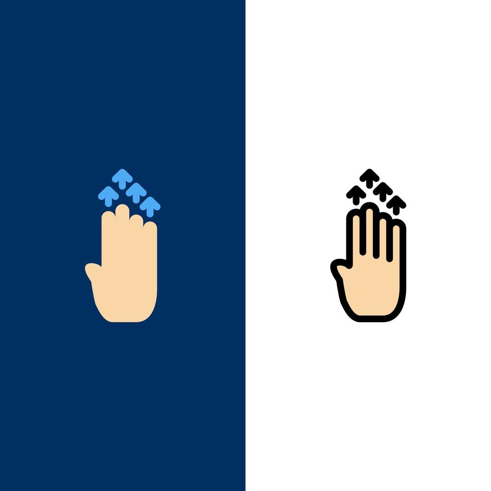 dito quattro gesto freccia su icone piatto e linea pieno icona impostato vettore blu sfondo