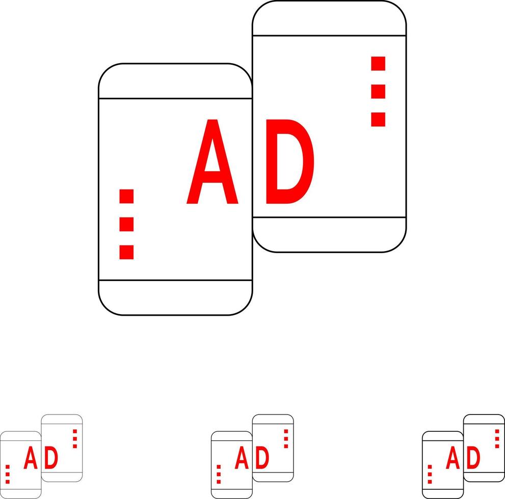 pubblicità mobile mobile pubblicità marketing grassetto e magro nero linea icona impostato vettore