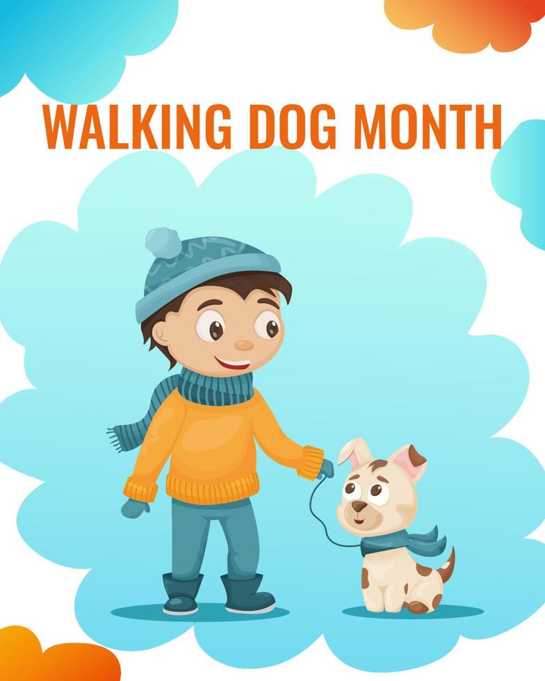un' ragazzo passeggiate con il suo cane nel il inverno. carino piatto illustrazione. cane a piedi mese. sito web, bandiera modello vettore