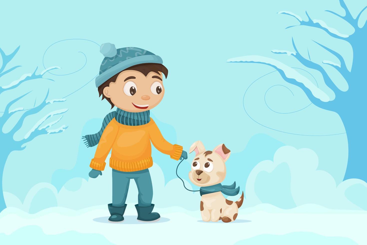 bambino con un' cane nel il inverno parco. cane a piedi mese. carino vettore illustrazione.