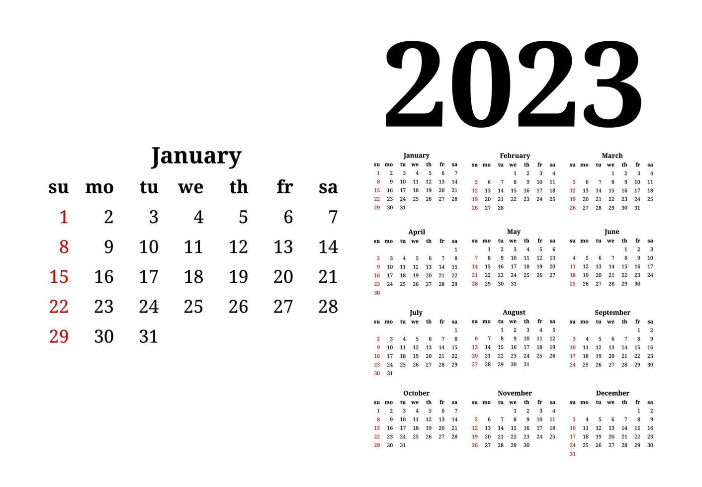 calendario per il 2023 isolato su sfondo bianco. da domenica a lunedì, modello di business. illustrazione vettoriale