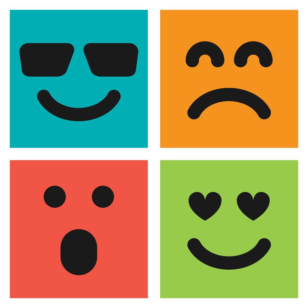 impostato di quattro colorato emoticon con sorridente, amato, sorpreso e insoddisfatto facce. emoji icona nel quadrato. piatto sfondo modello. vettore illustrazione