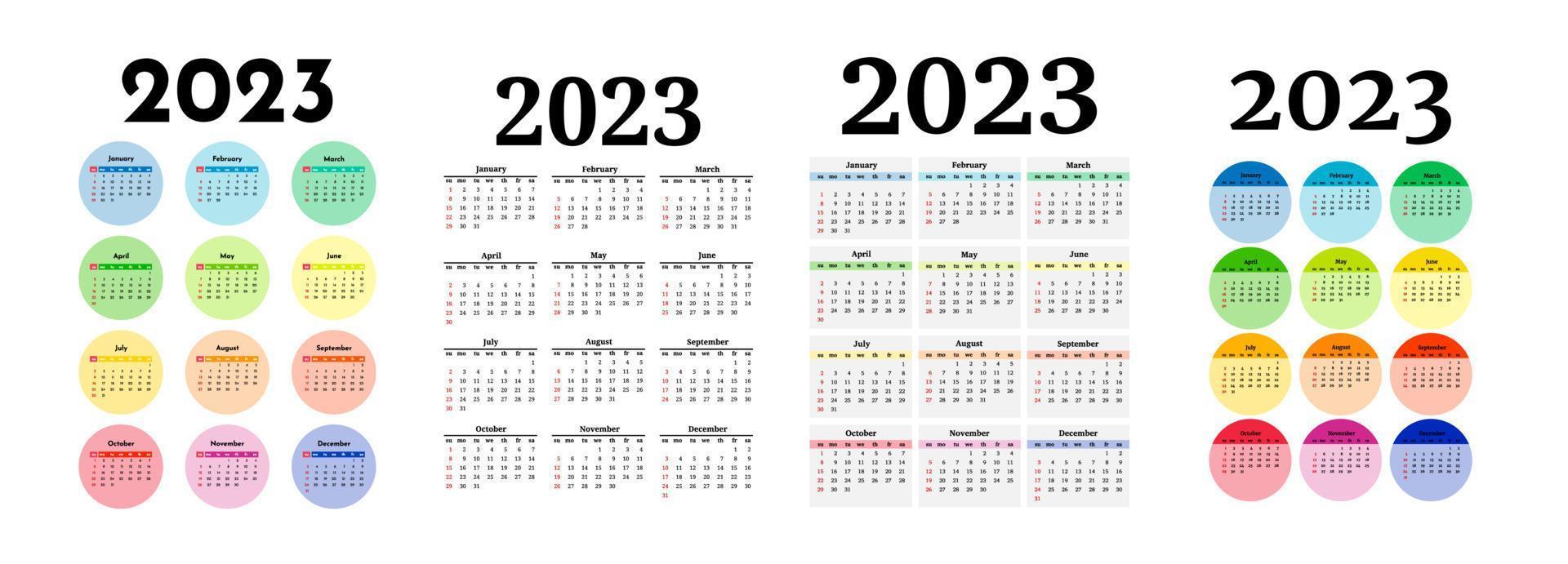 impostato di quattro verticale calendari per 2023 isolato su un' bianca sfondo. Domenica per lunedì, attività commerciale modello. vettore illustrazione