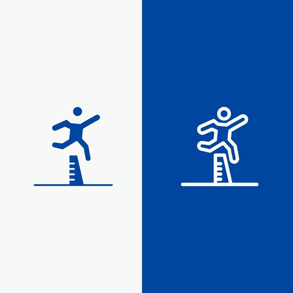 atleta salto corridore in esecuzione corsa a ostacoli linea e glifo solido icona blu bandiera linea e glifo solido icona blu bandiera vettore