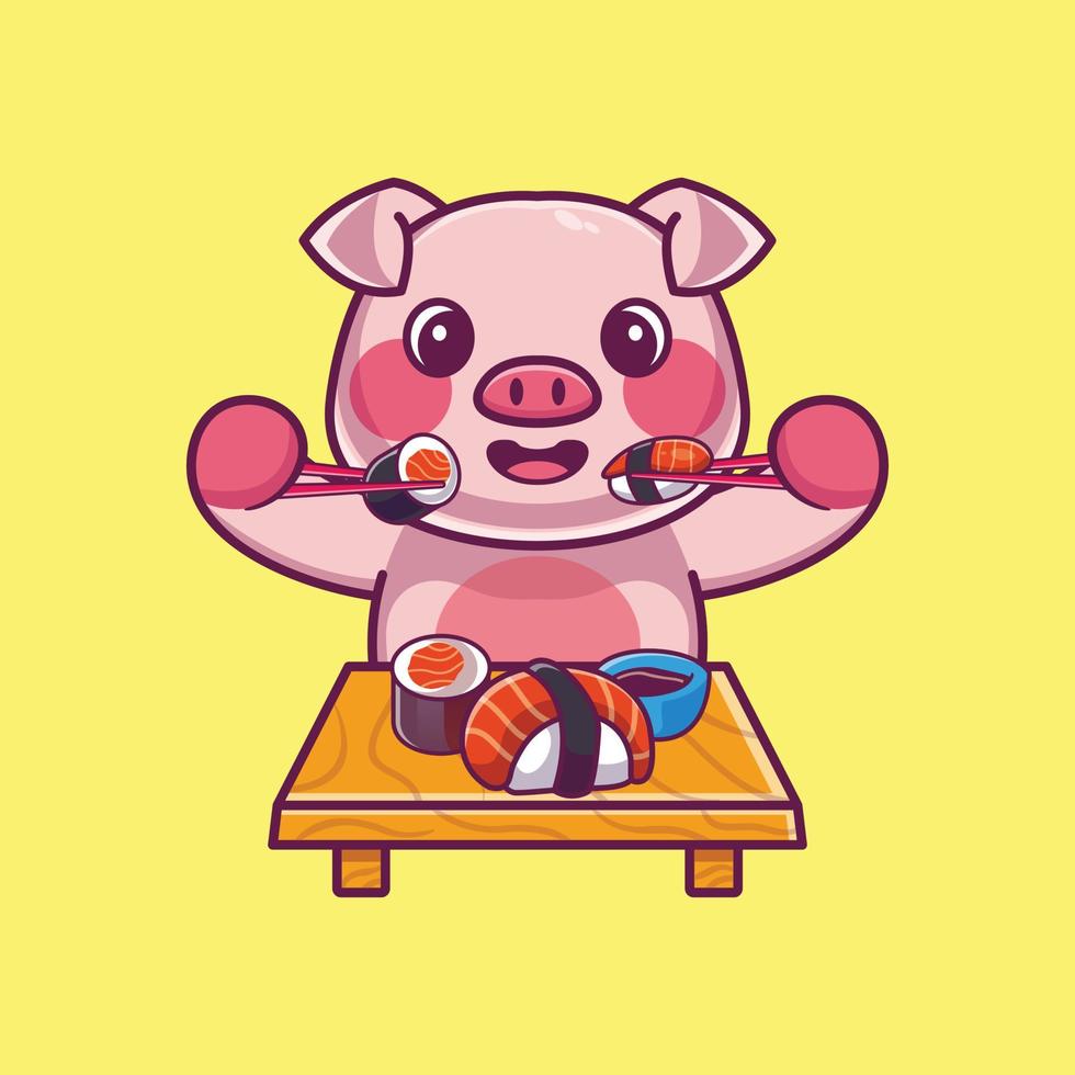 carino maiale mangiare Sushi con bastoncini cartone animato icona illustrazione vettore