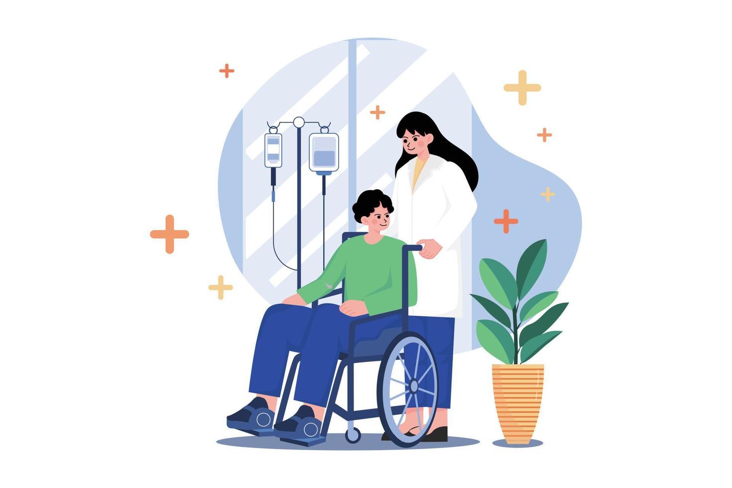 infermiera porzione portatori di handicap uomo illustrazione concetto. un' piatto illustrazione isolato su bianca sfondo vettore