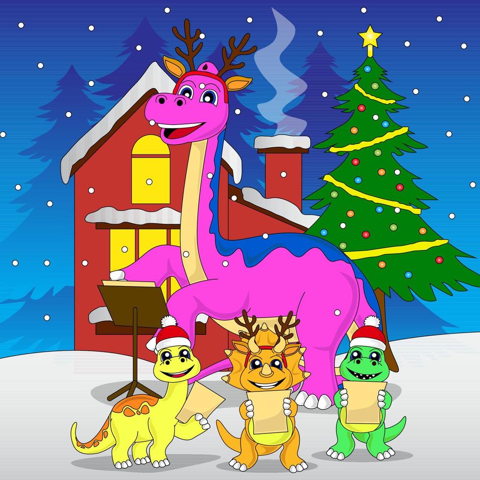 dinosauro cantando Natale carlo, neve, notte, vettore, eps 10, modificabile vettore