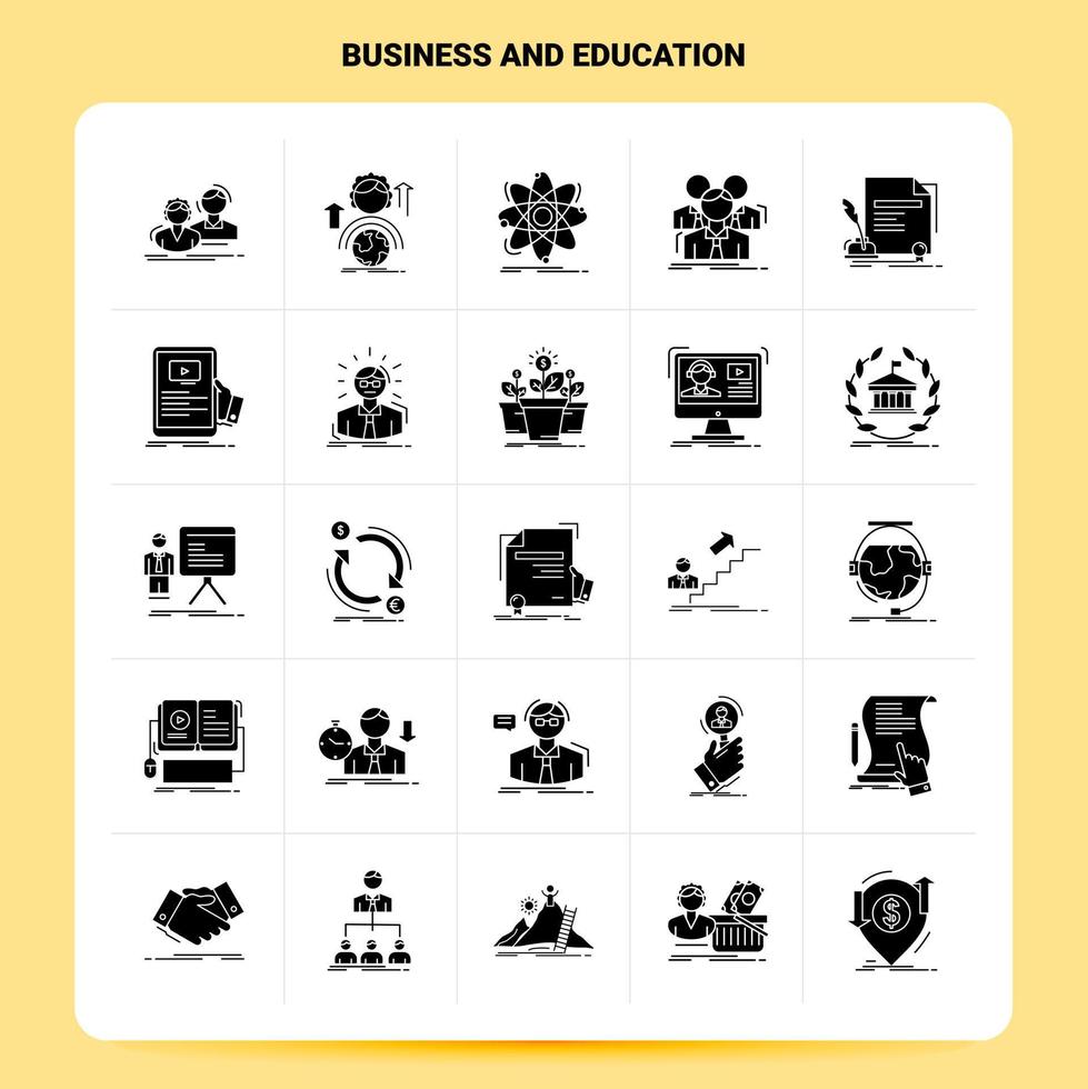 solido 25 attività commerciale e formazione scolastica icona impostato vettore glifo stile design nero icone impostato ragnatela e mobile attività commerciale idee design vettore illustrazione