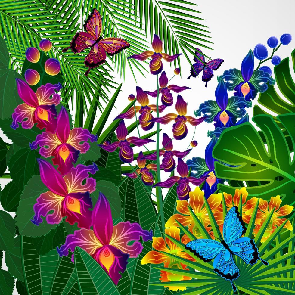 floreale design sfondo. tropicale orchidea fiori, le foglie e farfalle. vettore