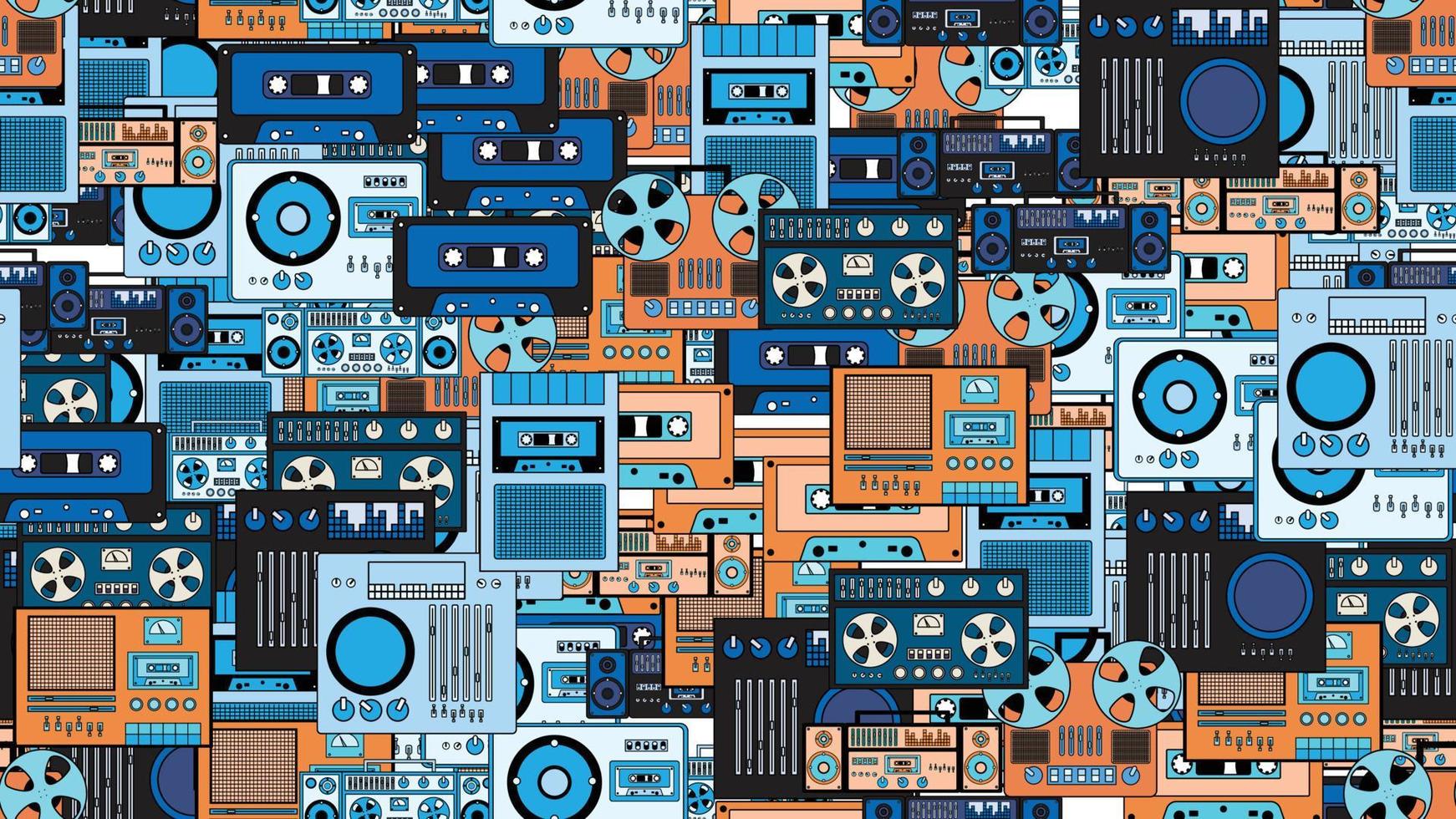 senza soluzione di continuità modello infinito con musica Audio Tech elettronica attrezzatura vecchio retrò Vintage ▾ fricchettone a partire dal anni '70, anni 80, anni 90 isolato su bianca sfondo. vettore illustrazione