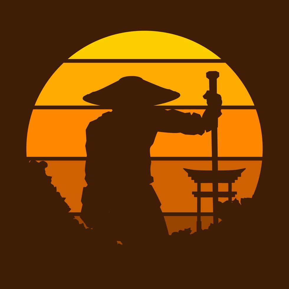 samurai Giappone spada cavaliere vettore logo su cerchio tramonto. guerriero sfondo per maglietta, manifesto, vestiario, merce, abbigliamento, distintivo design.