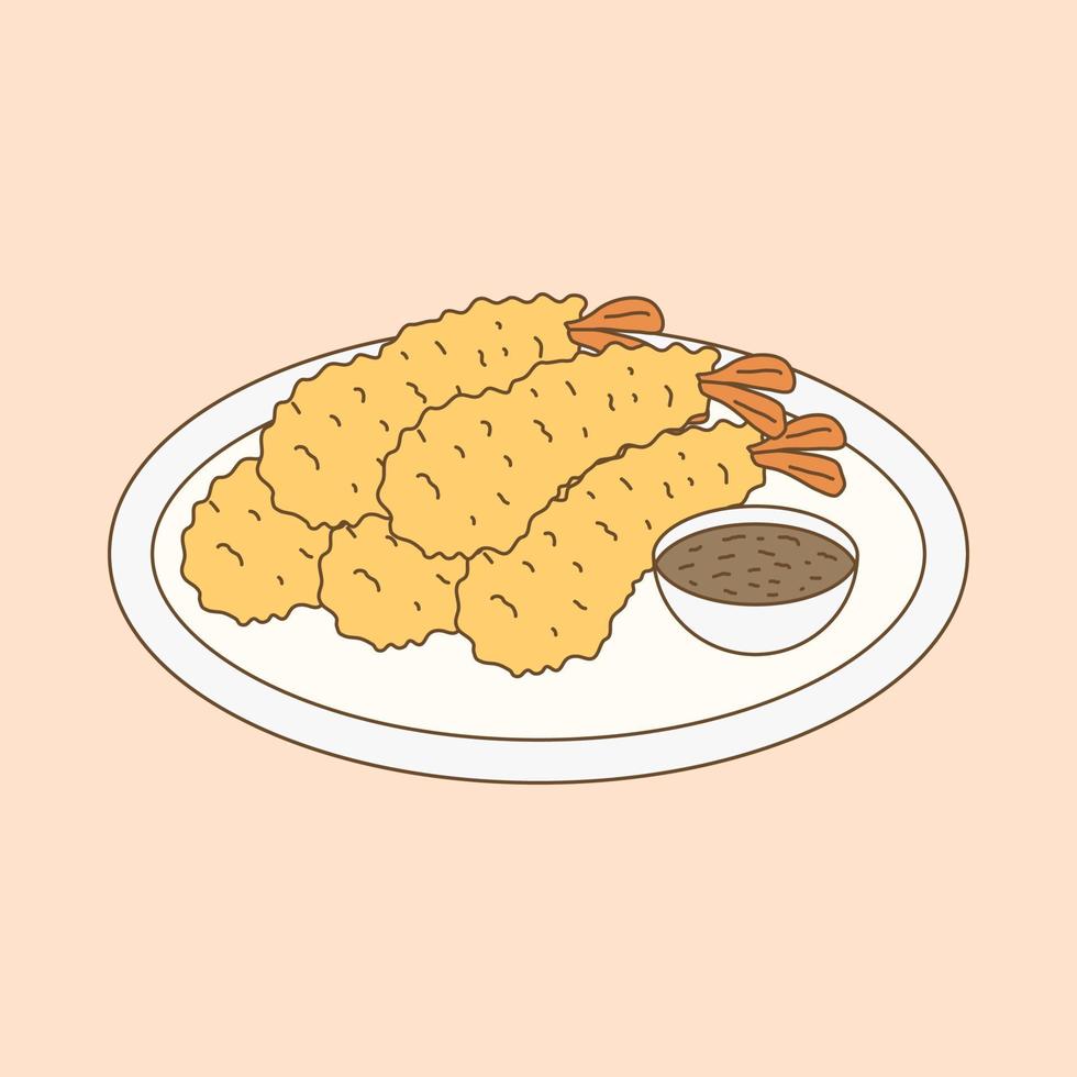 mano disegnato piatto design scarabocchio giapponese cibo fritte tempura vettore