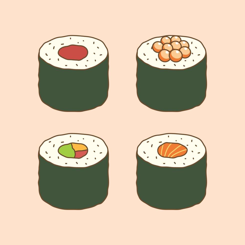 Sushi cartone animato scarabocchio. delizioso giapponese cibo. vettore