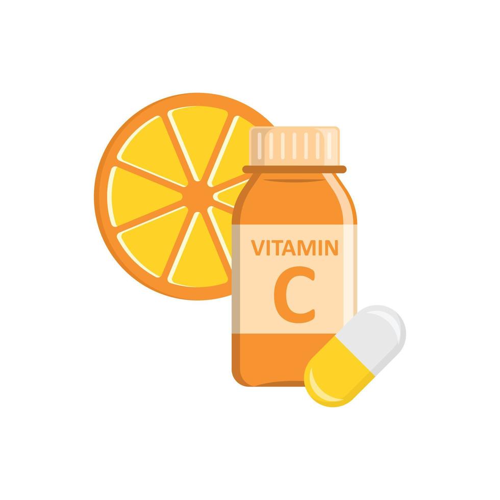 vitamina c icona nel piatto stile. bottiglia con pillola vettore illustrazione su bianca isolato sfondo. farmacia cartello attività commerciale concetto.