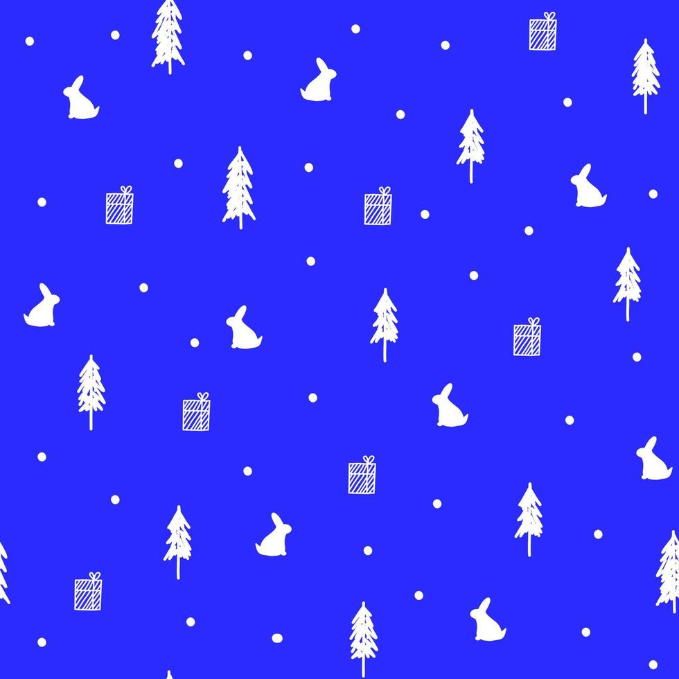 contento nuovo anno e Natale celebrazione senza soluzione di continuità modello con bianca coniglio sagoma, abete albero e regalo scatole su blu sfondo, stampa per carta da parati, copertina design, imballaggio, vacanze interno arredamento vettore