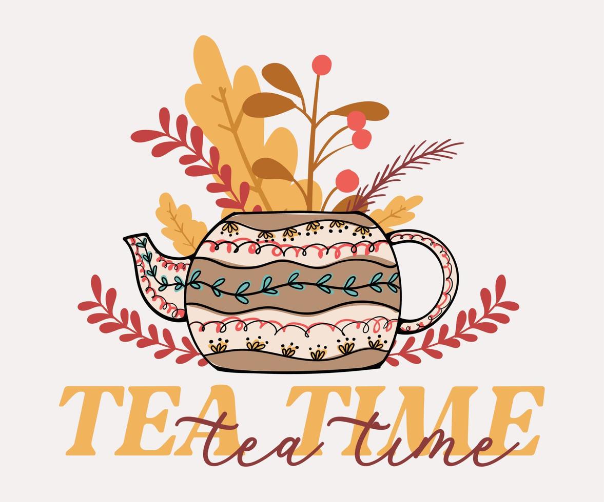 tè tempo tipografia maglietta design con scandinavo floreale tè boccale sublimazione Stampa illustrazione vettore