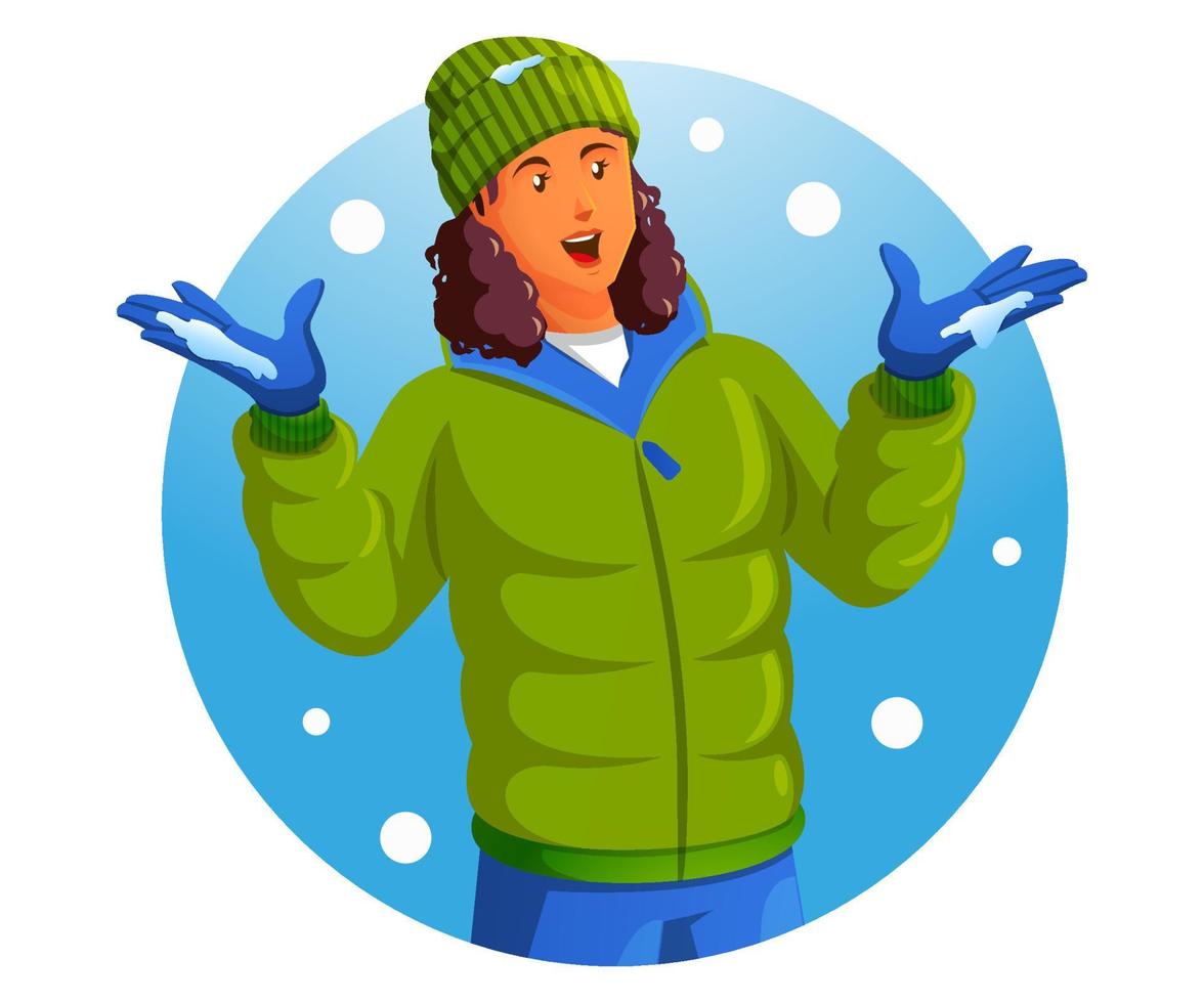 un' donna indossare un' caldo giacca godendo il caduta neve nel inverno vettore