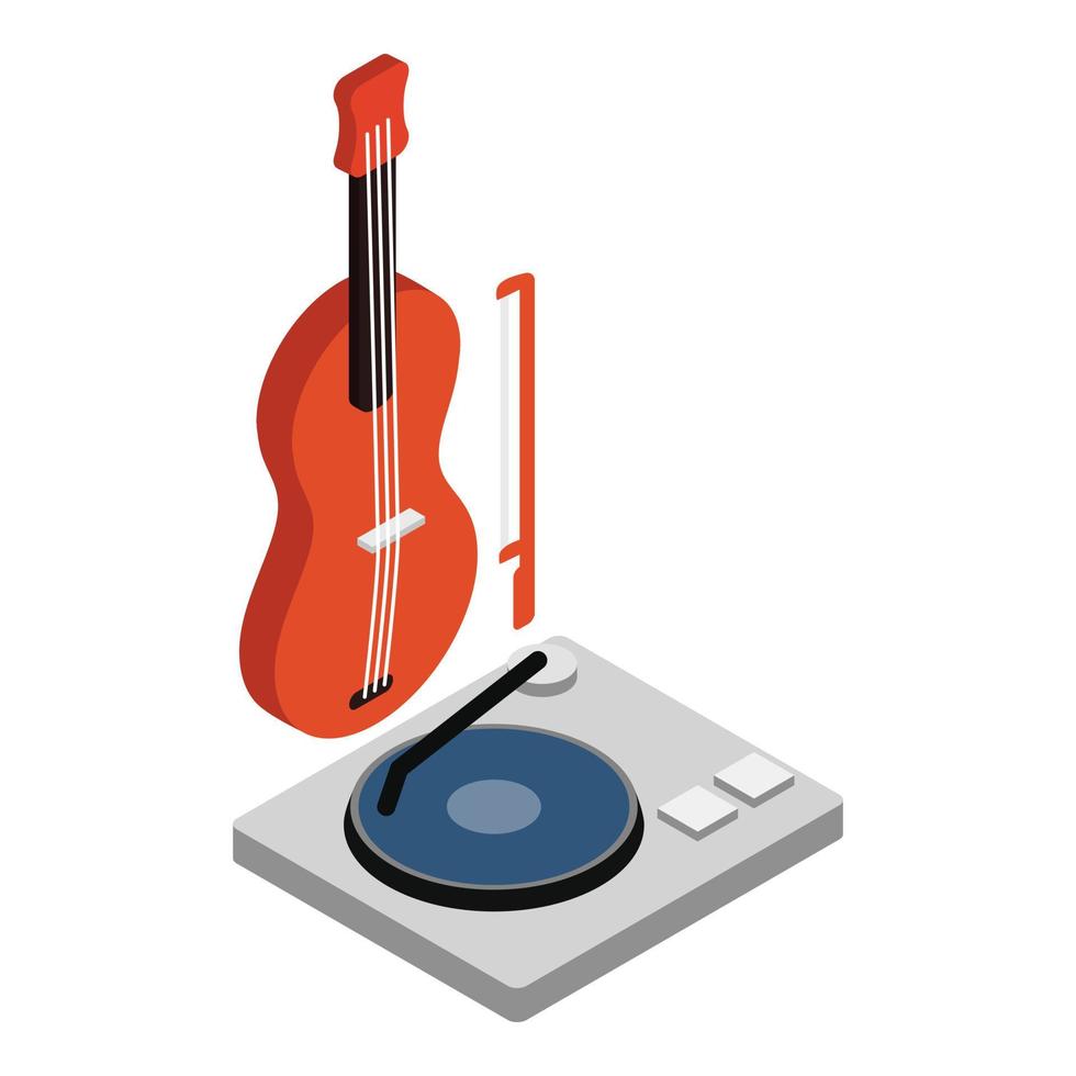 musicale attrezzatura icona isometrico vettore. di legno classico violino e disco giocatore vettore