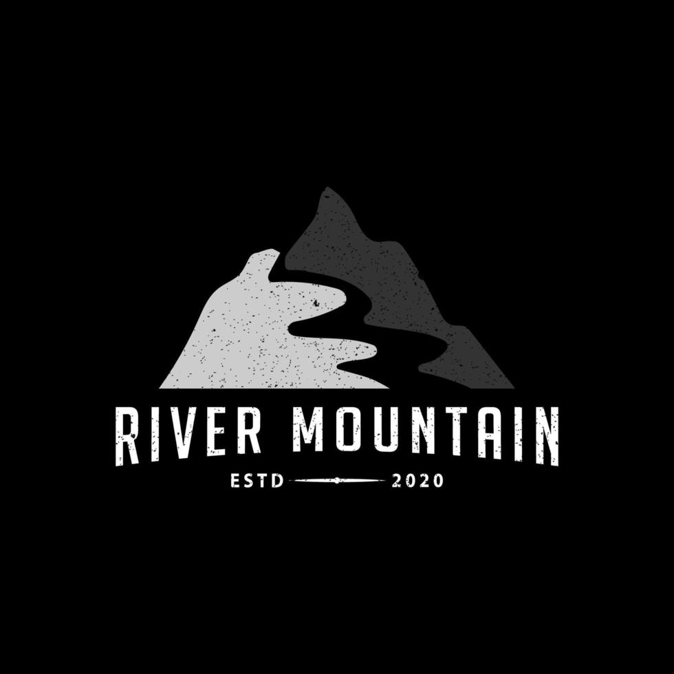 rustico Vintage ▾ montagna picco fiume logo design vettore, all'aperto paesaggio colline con grunge rustico grafico illustrazioni vettore