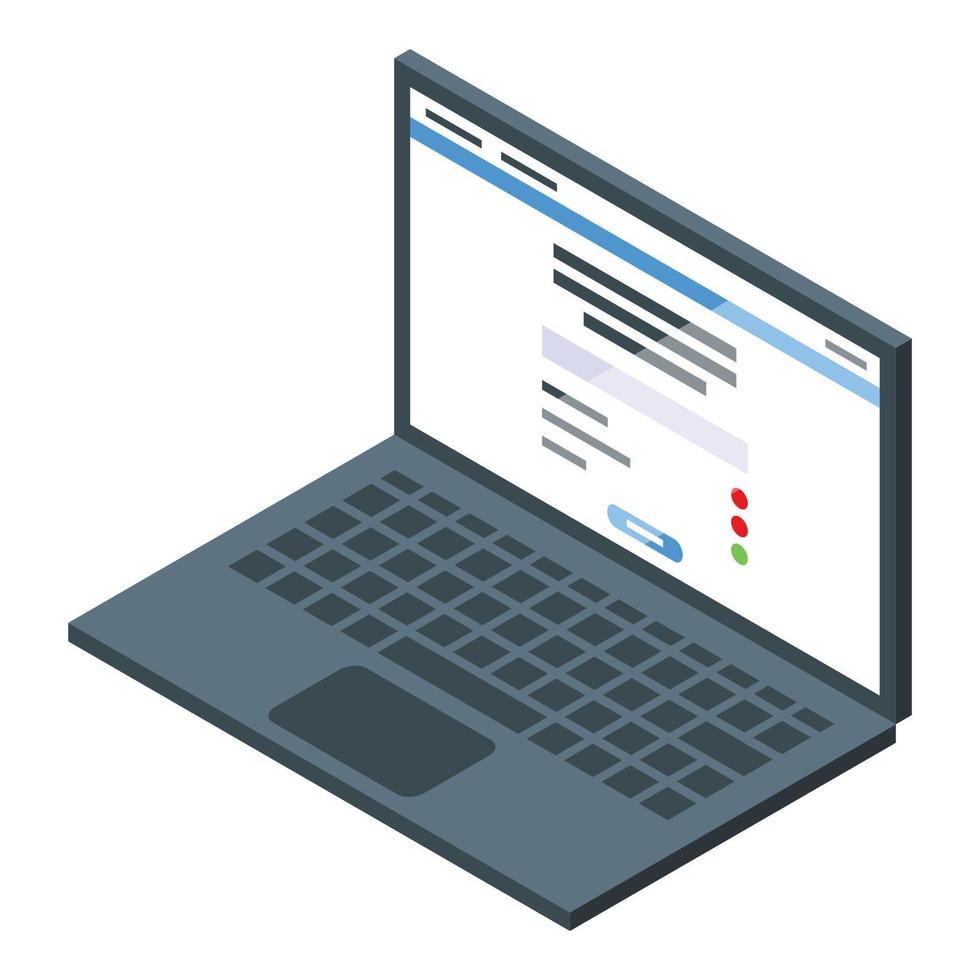 il computer portatile test risultato icona isometrico vettore. computer in linea elenco vettore