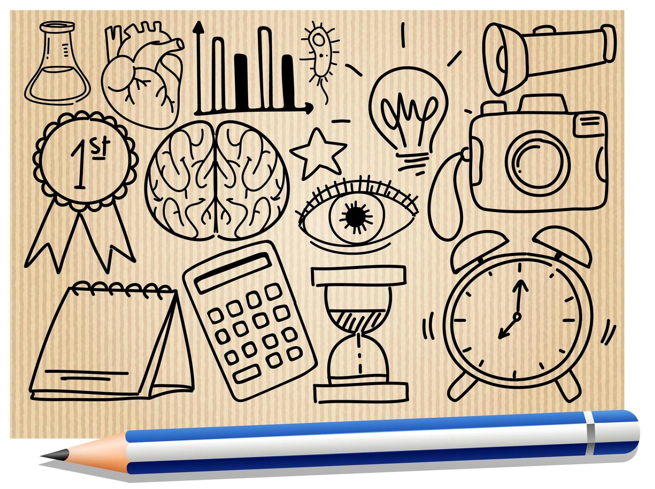diversi tratti di doodle sull'attrezzatura scolastica su un foglio con una matita vettore