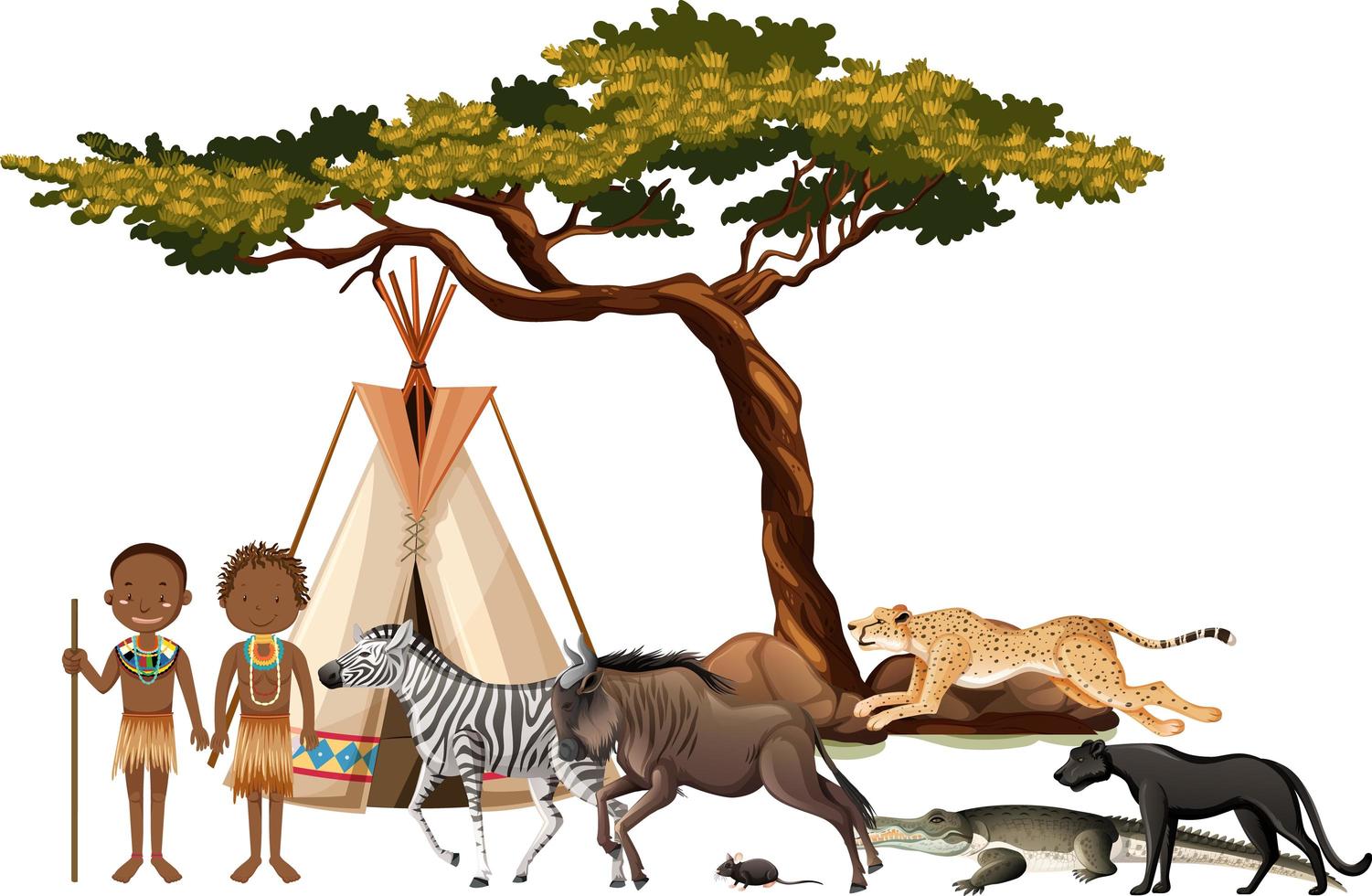 tribù africana con un gruppo di animali selvatici africani su sfondo bianco vettore