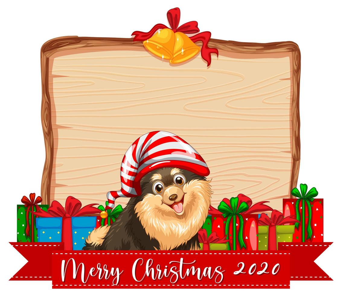 tavola di legno vuota con logo del carattere di buon natale 2020 e simpatico cane vettore