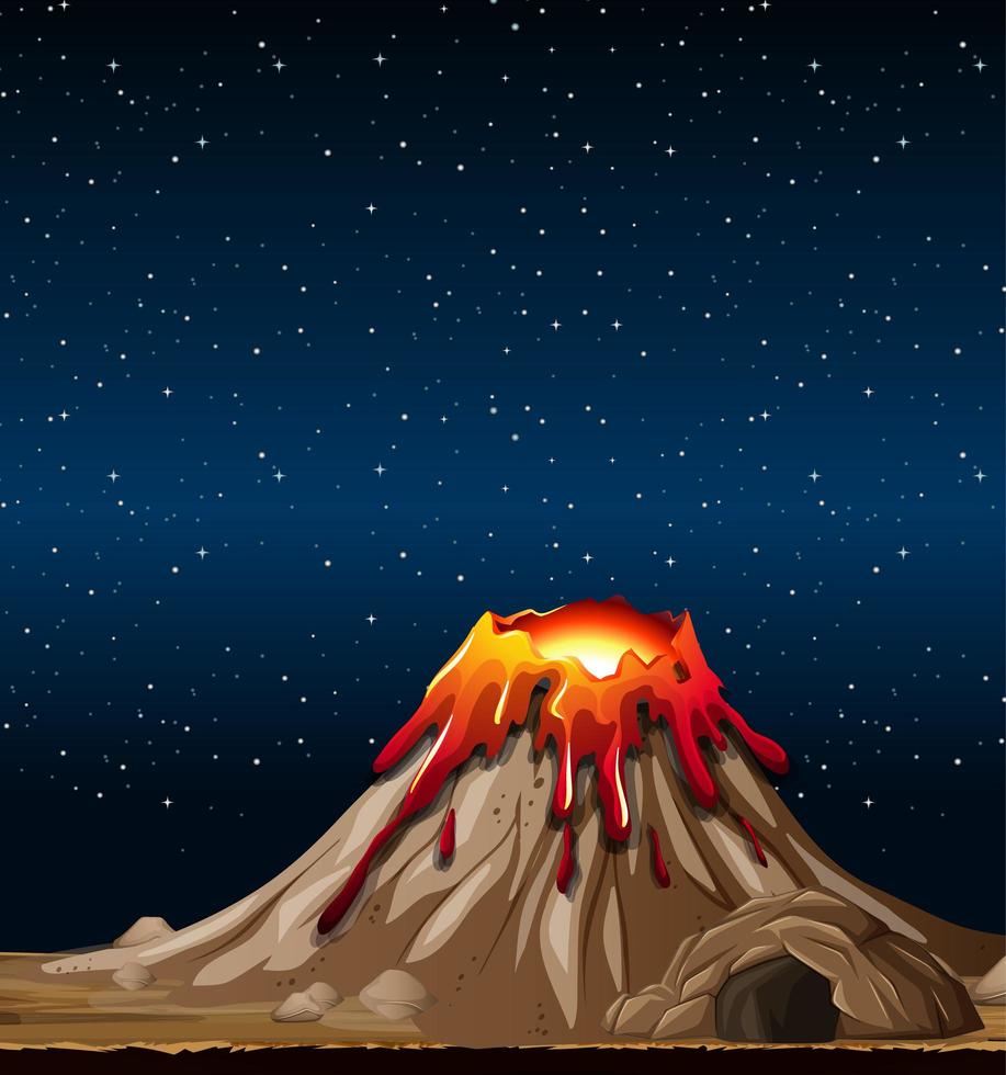 eruzione del vulcano nella scena della natura di notte vettore