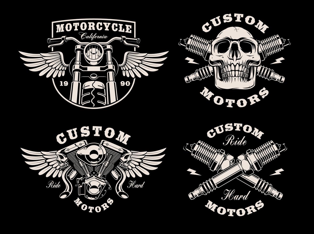 una serie di emblemi di moto in bianco e nero vettore