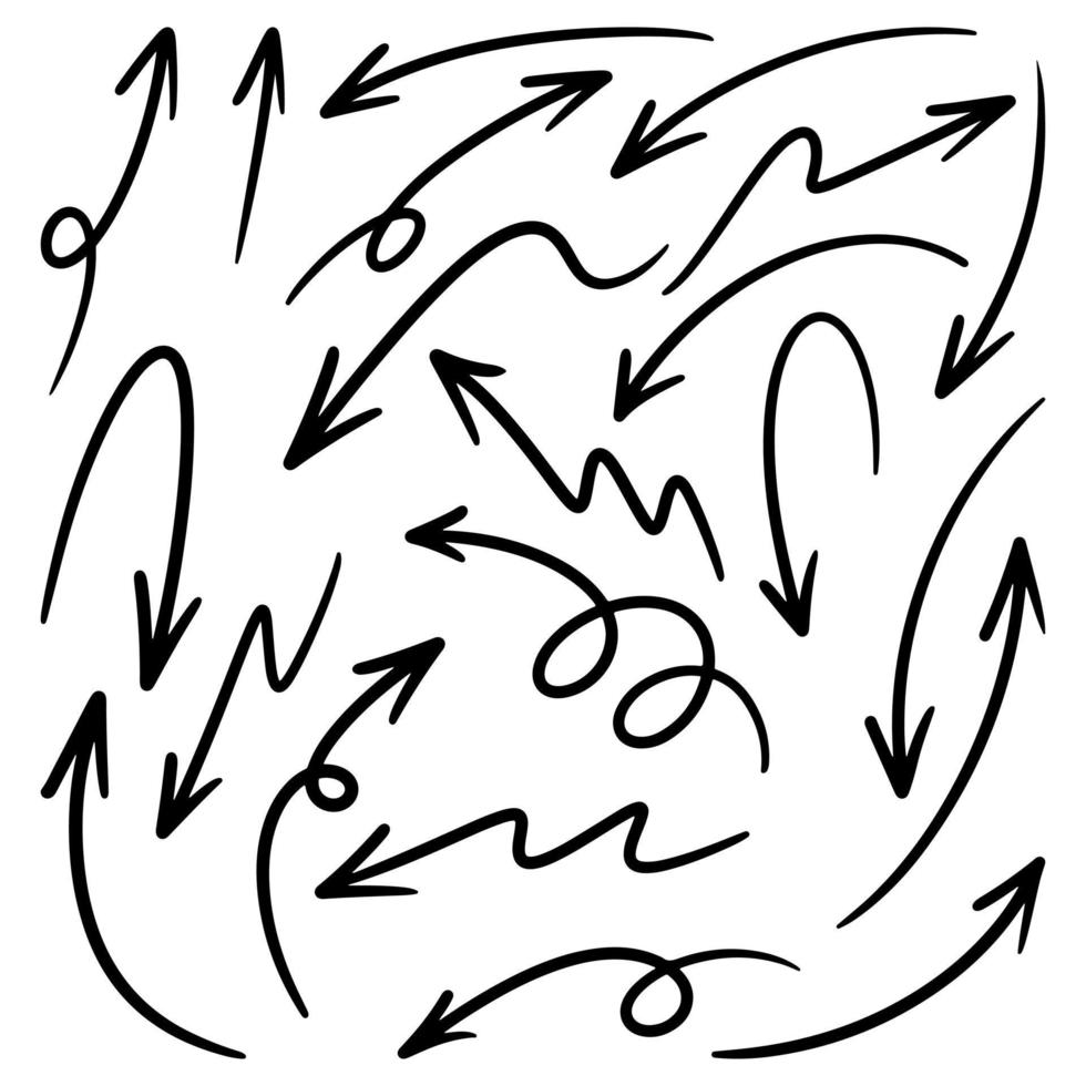 impostato di mano disegnato vettore frecce scarabocchio su bianca sfondo. design elemento vettore illustrazione.
