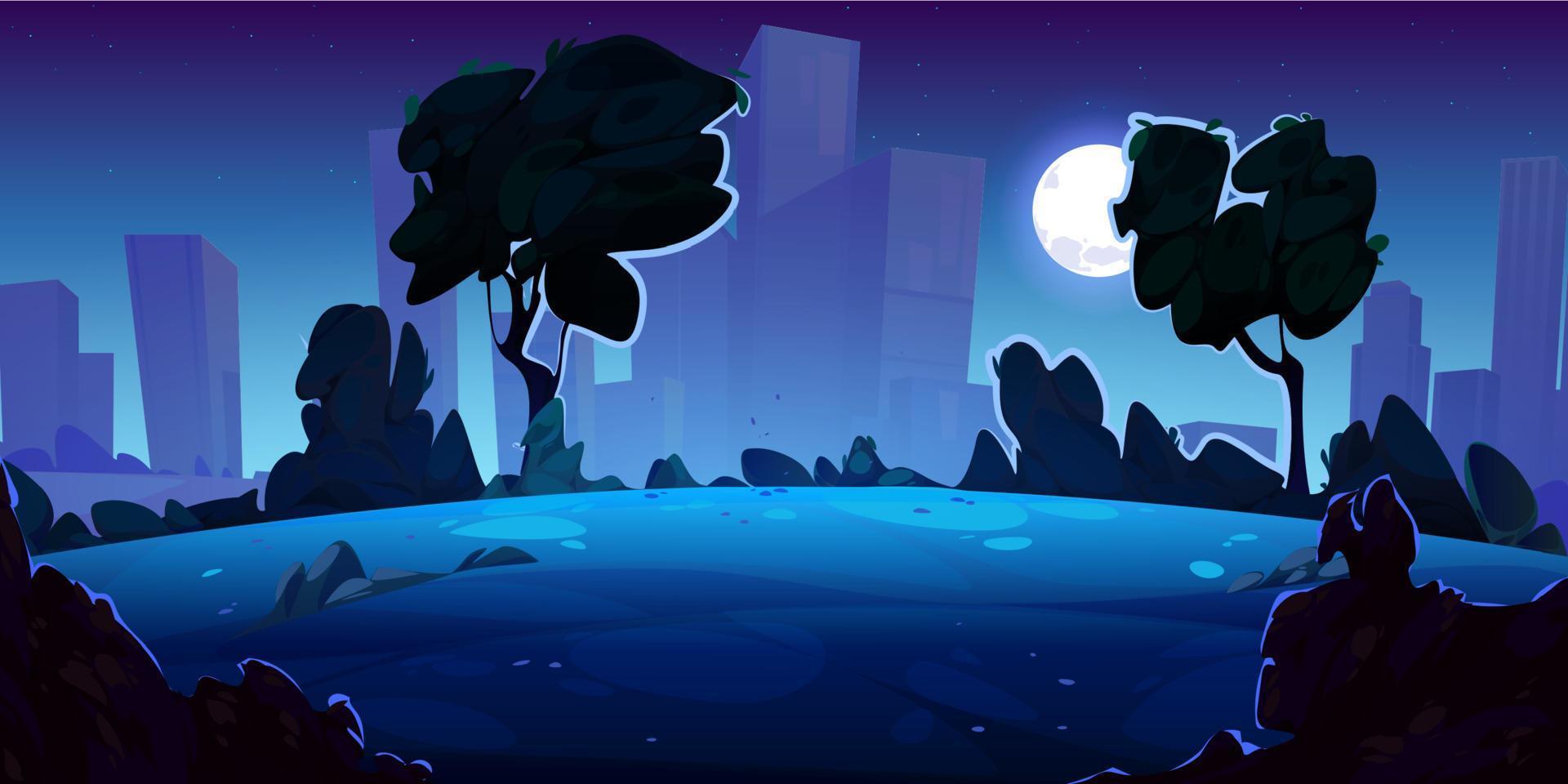 cartone animato mezzanotte città con illuminato dalla luna pubblico giardino vettore