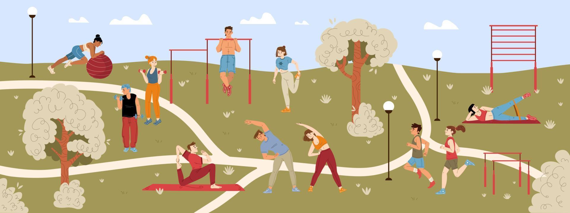 persone fare esercizio, fitness, jogging nel parco vettore