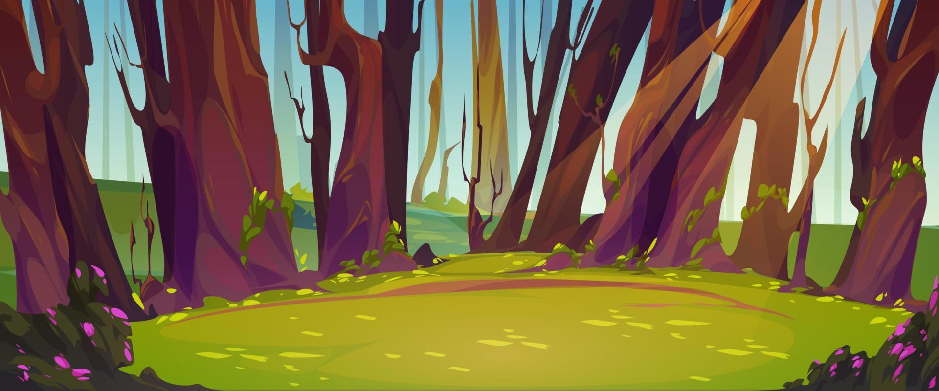 foresta radura cartone animato natura sfondo, paesaggio vettore